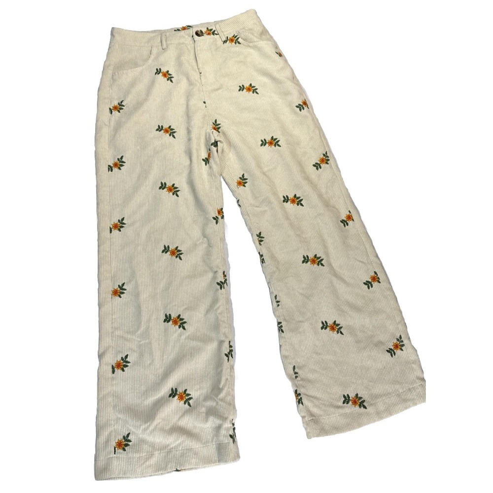 Davi & Dani Women's Floral Pattern Wide Leg Corduroy Pants Size L